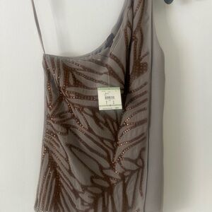 Anne Klein Canyon Taupe and Brown Bronze Sequin Embellished Blouse One Shoulder
